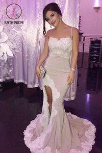 Sexy Slit Mermaid Spandex Prom Dresses,Spaghetti Straps Party Dress,Long Lace Prom Dresses KPP0154