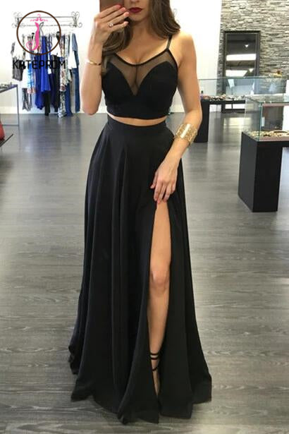 Spaghetti Straps Prom Dresses,Black Prom Dress,Two Pieces Floor Length Party Gown KPP0157