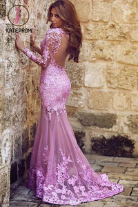 Sexy Mermaid Long Sleeves Tulle Appliques Prom Dresses,Backless Prom Dress KPP0161
