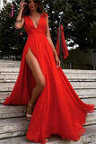 Split V-neck Red Evening Dress,Sexy Party Dresses with V Back,Sleeveless Chiffon Prom Dresses KPP0165