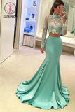 Two Pieces High Neck Long Sleeve Lace Prom Dresses,Sexy Mermaid Evening Dress KPP0168