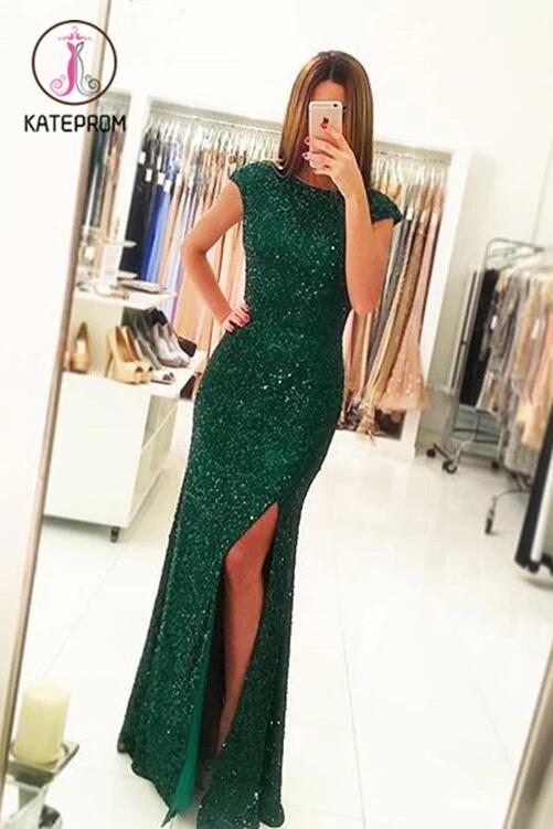 Sexy Side Slit Cap Sleeves Emerald Green Sequins Open Back Mermaid Evening Gowns KPP0172