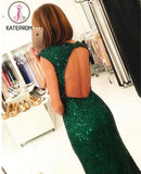 Sexy Side Slit Cap Sleeves Emerald Green Sequins Open Back Mermaid Evening Gowns KPP0172