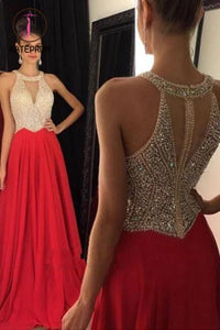 Red Beaded Long Chiffon Prom Dress,Luxury Long Homecoming Dress,Prom Dress Plus Size KPP0173