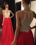 Red Beaded Long Chiffon Prom Dress,Luxury Long Homecoming Dress,Prom Dress Plus Size KPP0173