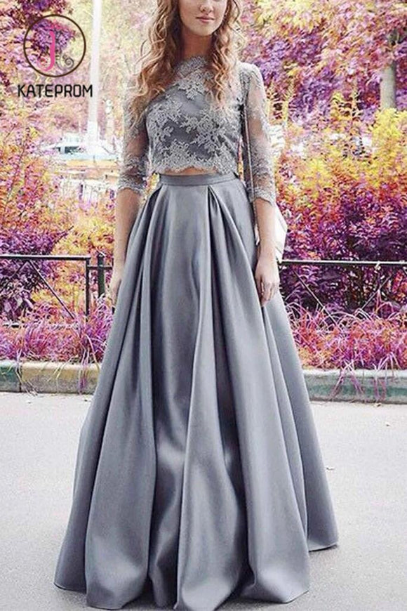 Modest Half Sleeves Prom Dress,Two Pieces Lace Crop Prom Dress,2 Pieces Sexy Prom Dress KPP0174