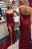 Strapless Mermaid Sweetheart Split-Front Prom Gown,Red Long Prom Dress with Sequined KPP0179
