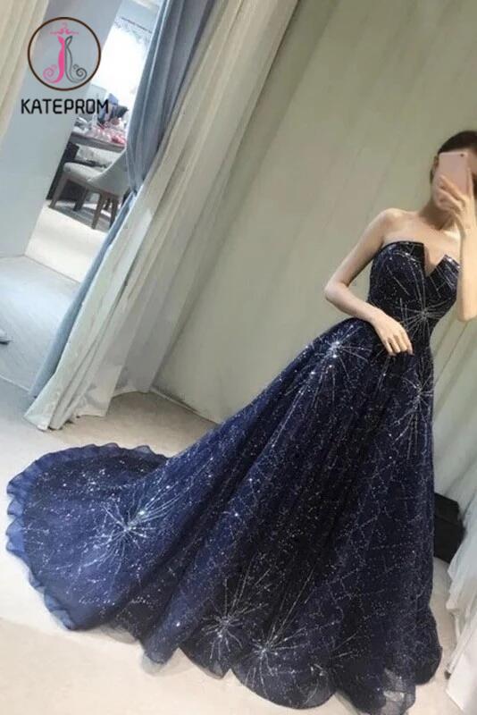 Unique V-neck Prom Gown,Strapless Navy Blue Sparkly Evening Dress,Sexy Prom Gowns KPP0180