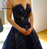 Unique V-neck Prom Gown,Strapless Navy Blue Sparkly Evening Dress,Sexy Prom Gowns KPP0180