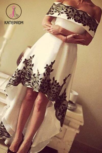 Gorgeous High Low Prom Dresses,Off-shoulder Lace White And Black Prom Gown KPP0182