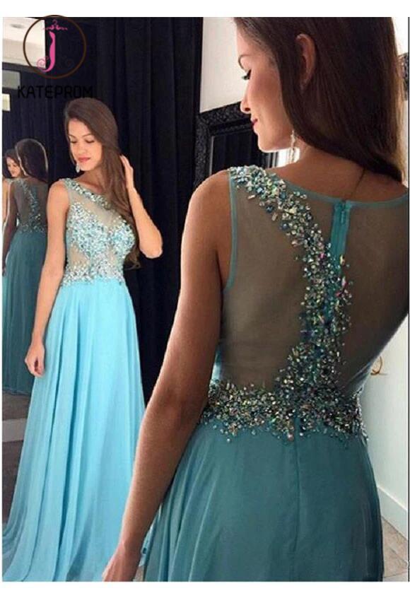 Light Sky Blue Long Prom Dress,Sleeveless Sheer Beading Special Occasion Party Gown For Girls KPP0183