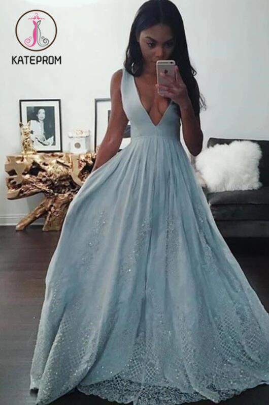 A-line Sleeveless Deep V-neck Long Prom Dresses,Light Blue Formal Dress with Lace KPP0184