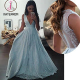 A-line Sleeveless Deep V-neck Long Prom Dresses,Light Blue Formal Dress with Lace KPP0184