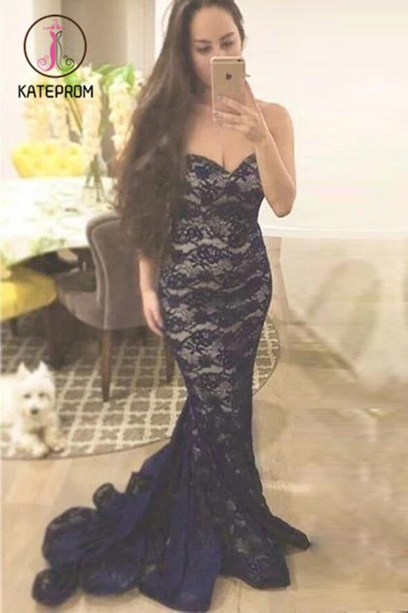 Mermaid Navy Blue Sweetheart Lace Sweetheart Prom Dress,Strapless Evening Dress KPP0186
