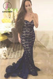 Mermaid Navy Blue Sweetheart Lace Sweetheart Prom Dress,Strapless Evening Dress KPP0186