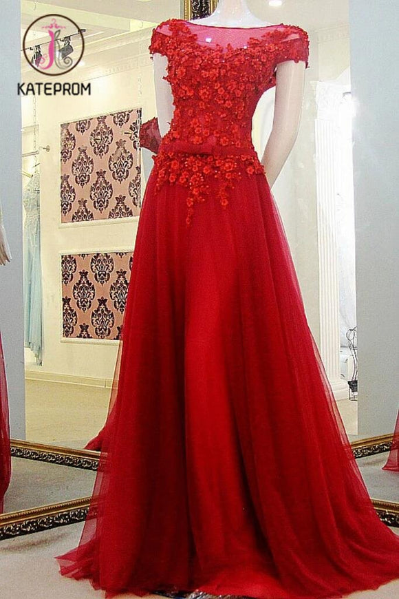 Red Cap Sleeves Prom Gowns, Appliques Tulle Custom Made Long Evening Dress KPP0191