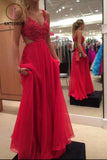 Spaghetti Strap Red Prom Gown,Chiffon Backless Formal Gown,Beading Prom Dress KPP0192