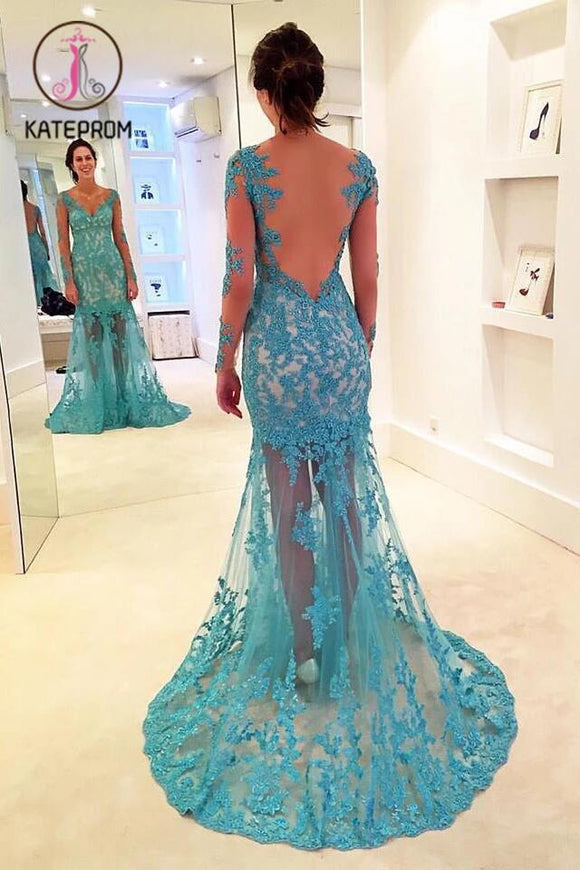 Gorgeous Mermaid V-neck Prom Gown,Long Sleeves Prom Dress with Lace Appliques KPP0193