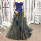 Sweetheart Tulle Royal Blue Appliqued Prom Dresses,Strapless Prom Gowns,Long Formal Dresses KPP0194