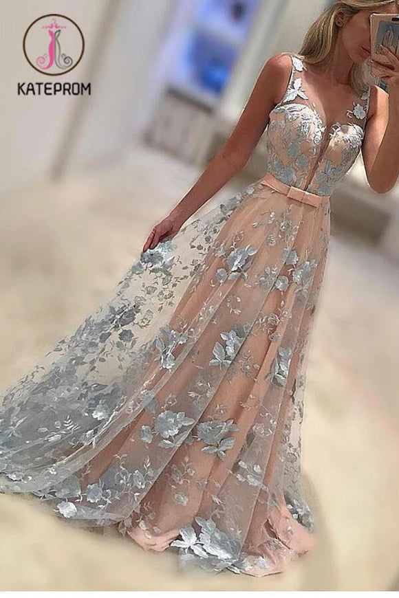 A-Line Sleeveless Prom Gown,Lace Appliques Sweep Train Coral Evening Dress with Bowknot KPP0195