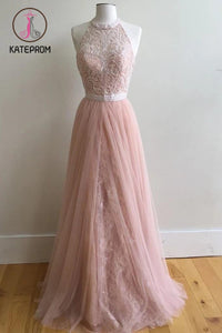 A-Line Halter Pink Floor-Length Prom Dresses,Sleeveless Tulle Prom Dress with Appliques KPP0197