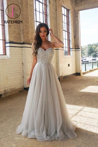 A-Line Spaghetti Straps Sweetheart Tulle Prom Dress,Floor-Length Prom Dresses with Beading KPP0198