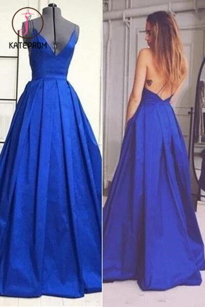 Open Back V-neck Prom Gowns,Straps Prom Dress Royal Blue Evening Dresses,Formal Dress KPP0200