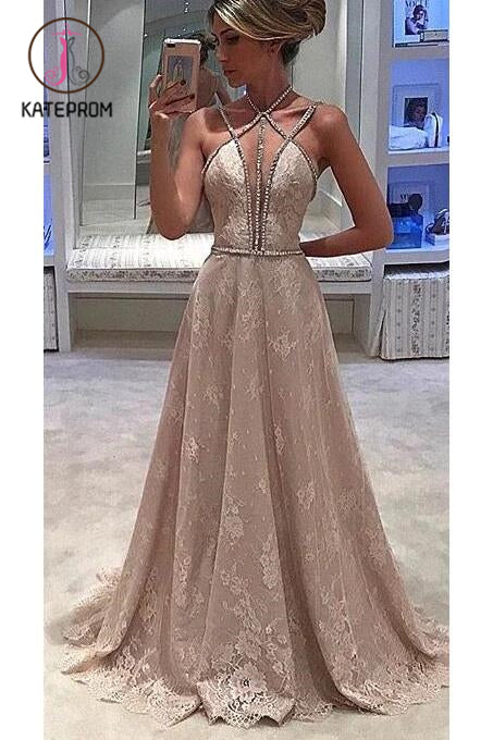 Lace Straps Halter Sleeveless Formal Evening Dress,Deep V-neck Prom Dress With Beading KPP0202
