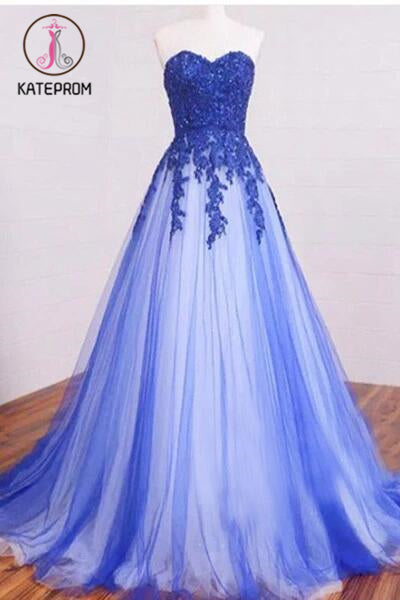 New Arrival Sweetheart Strapless Lace Appliqued Royal Blue Prom Dress,Simple Formal Dress KPP0205