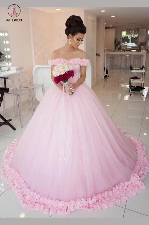 Pink Ball Gown Princess Off-shoulder Hand-Made Flower Wedding Dress,Quinceanera Dresses KPW0144