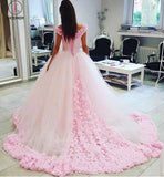 Pink Ball Gown Princess Off-shoulder Hand-Made Flower Wedding Dress,Quinceanera Dresses KPW0144