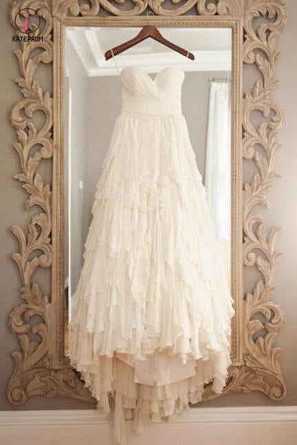 Vintage Beige Strapless Sweetheart Sleeveless Sweep Train Layers Beach Wedding Dress KPW0145