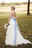 Vintage Beige Strapless Sweetheart Sleeveless Sweep Train Layers Beach Wedding Dress KPW0145