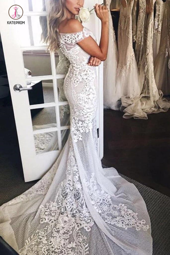 Sexy Mermaid White Off-the-shoulder Sheer Lace Appliques Court Train Beach Wedding Dress KPW0147