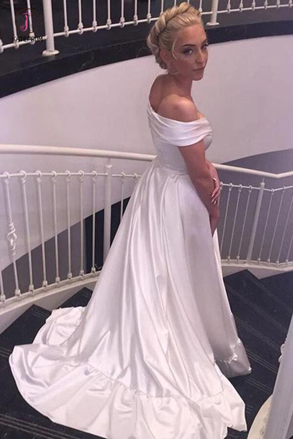 Simple Satin Off-the-shoulder Sexy Sweep Train Beach Wedding Dress,Bridal Gown KPW0148