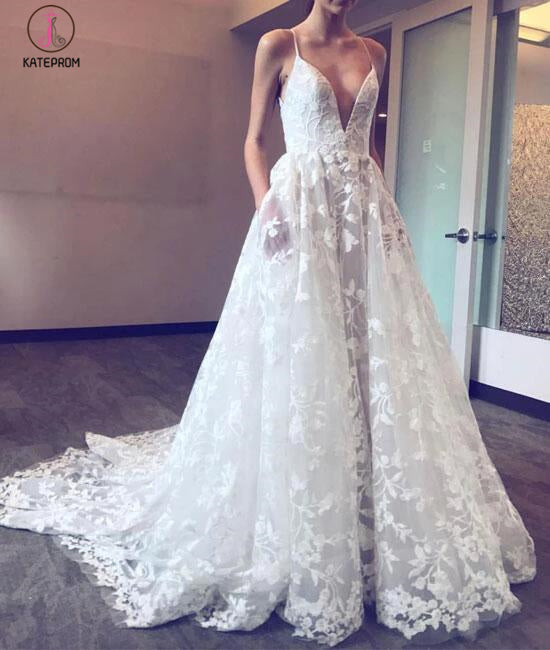 Spaghetti Straps Deep V-neck Sweep Train Lace Beach Wedding Dress with kateprom Spaghetti Straps Deep V-neck Sweep Train Lace Beach Wedding Dress with kateprom