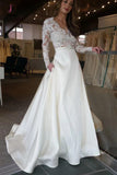Elegant Ivory Long Sleeves Sweep Train Satin Long Wedding Dress with Top Lace KPW0150