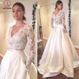 Elegant Ivory Long Sleeves Sweep Train Satin Long Wedding Dress with Top Lace KPW0150