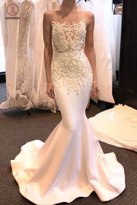 New-Arrival Sheer Neck Sleeveless Sweep Train Satin Mermaid Wedding Dresses KPW0154