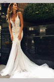 Luxurious Ivory Straps Mermaid Sleeveless Long Deep V-neck Tulle Wedding Dress with Lace KPW0157