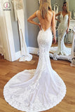 Straps Mermaid Deep V-neck Sleeveless Backless Tulle Beach Wedding Dress with Lace KPW0158