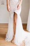 Mermaid Lace Deep V-neck Sleeveless Long Tulle Beach Wedding Dress,Bridal Gown KPW0159
