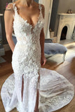 Sheath V-neck Sleeveless Court Train Lace Appliques Bridal Dress,Beach Wedding Gown KPW0162