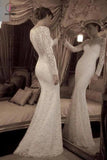 Vintage Ivory Trumpet Long Sleeves Lace Long Beach Wedding Dress,Lace Prom Gown KPW0163