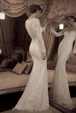 Vintage Ivory Trumpet Long Sleeves Lace Long Beach Wedding Dress,Lace Prom Gown KPW0163