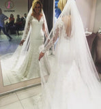Long Sleeves V-neck Sheer Back Mermaid Wedding Dress,Bridal Dresses(without veil) KPW0164