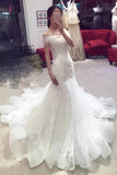 Sexy Mermaid Off-the-shoulder Chapel Train Lace Applique Bridal Dress,Wedding Gown KPW0166