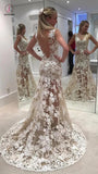 Ivory Sheer Back Jewel Neck Trumpet/Mermaid Lace Tulle Long Wedding Dresses KPW0167