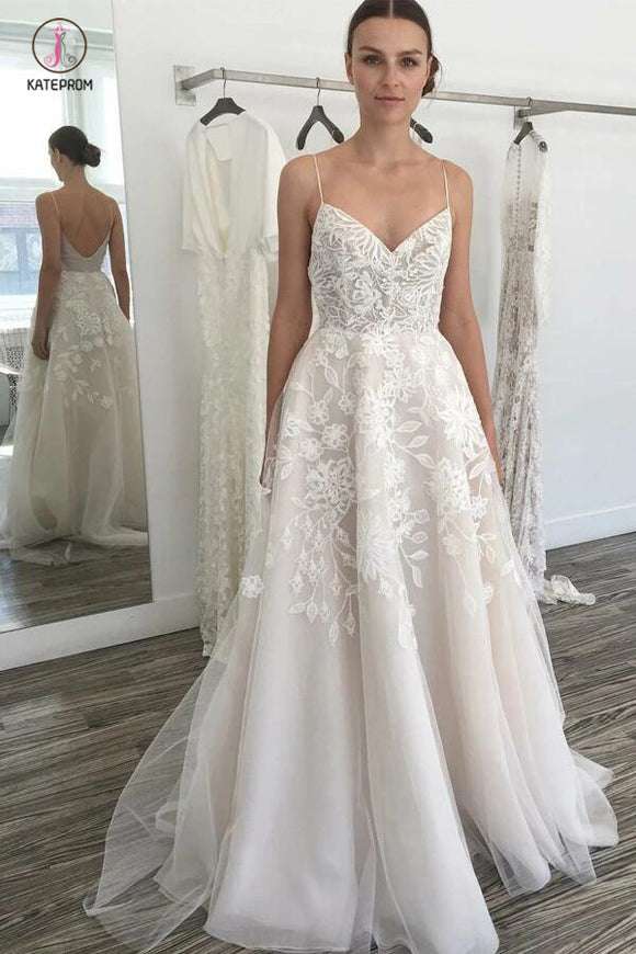 Glamorous A-line Ivory Spaghetti Straps Backless Tulle Beach Wedding Dress with Lace KPW0172