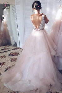 Light Pink V-neck Sleeveless Sweep Train Lace Top Tulle Wedding Dress with Sash KPW0173